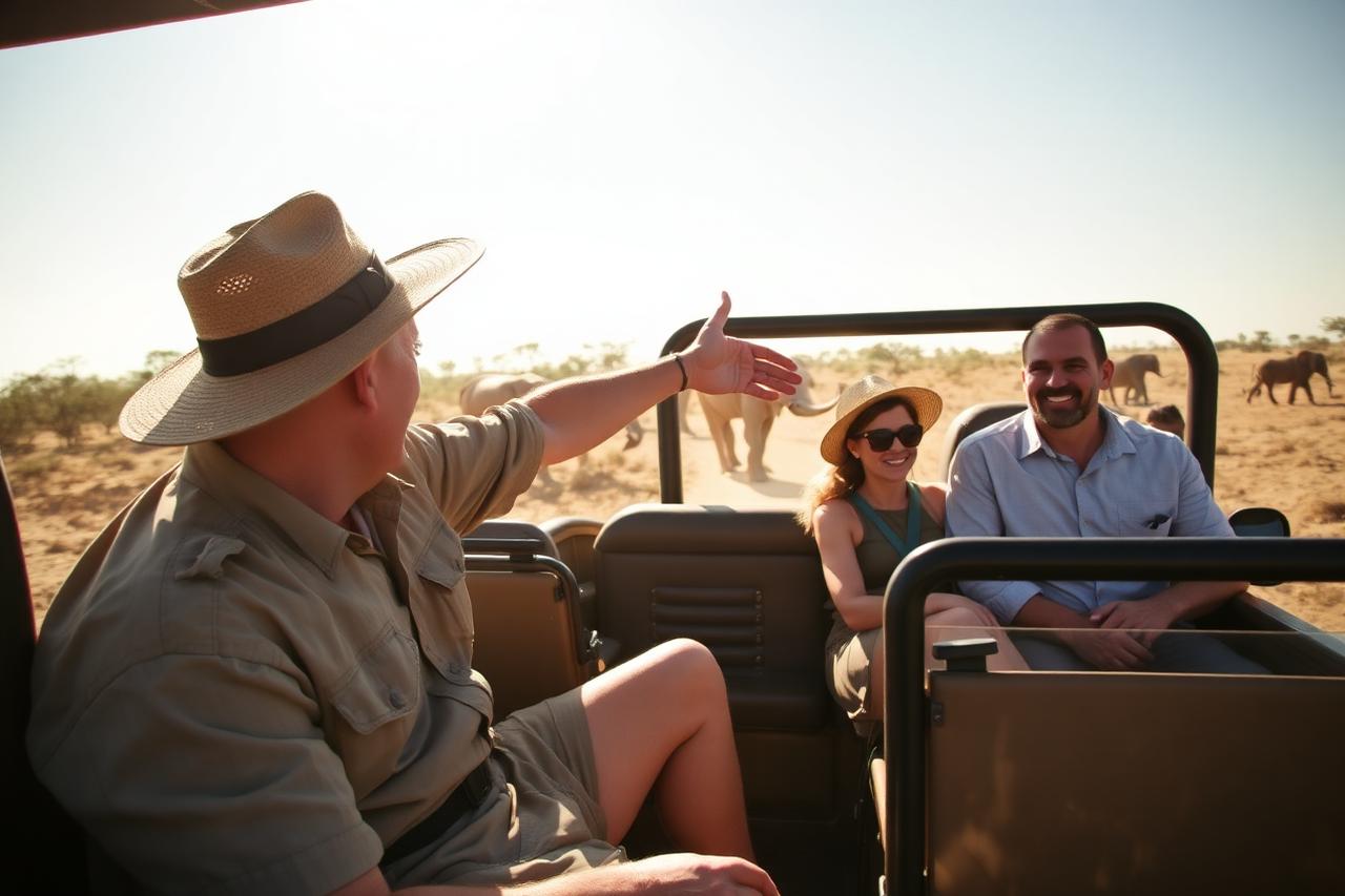 A BEHOLD Africa guide briefing guests beside a safari vehicle