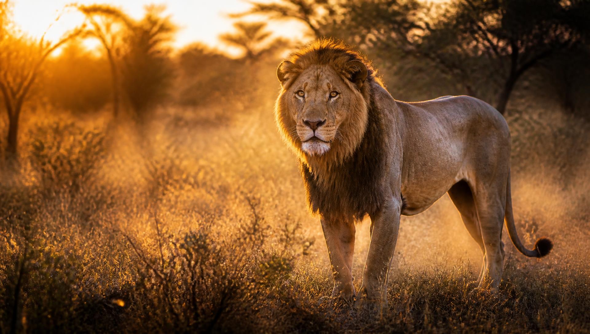 A male lion at dawn in a Big 5 reserve near Johannesburg