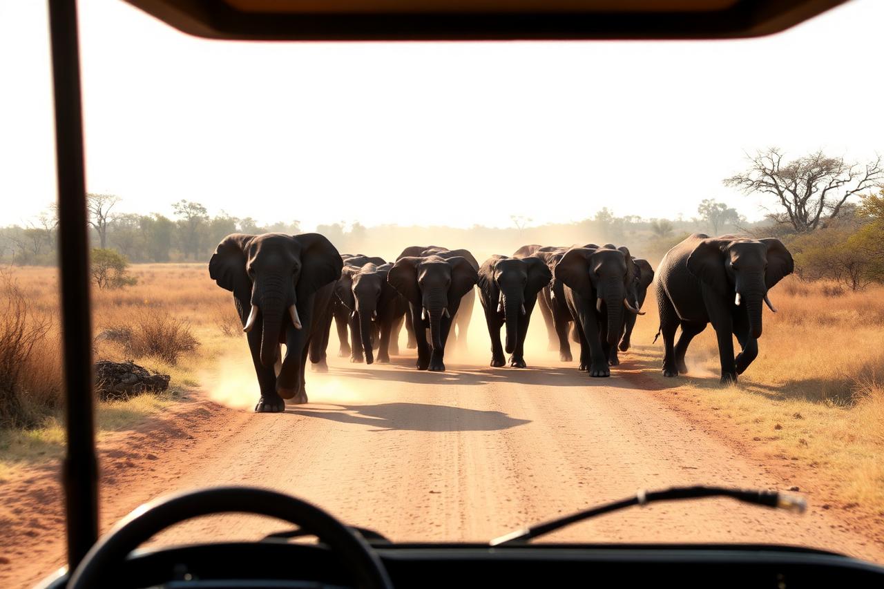 Elephant herd walking down a dusty track in Pilanesberg National Park