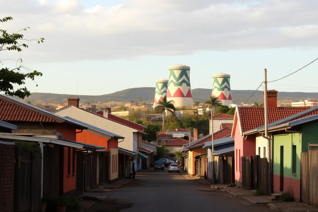 Soweto street with colourful houses and the painted Orlando cooling towers behind